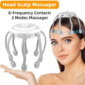 10-Point Electric Octopus Head Massager – 360° Hands-Free, 3 Vibration Modes, Rechargeable